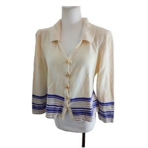 ST. JOHN COLLECTION Marie Gray Santana Knit Ivory Purple Cardigan Sweater Sz 6